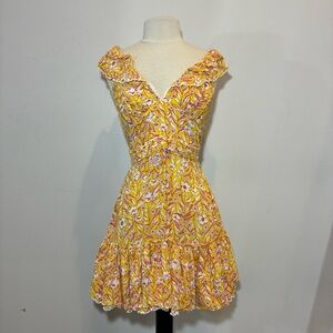Poupette St Barth Ruffle Yellow and Pink Floral Mini Tiered Dress Size XS